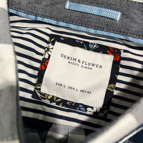 Men's Denim & Flower Ricky Singh Navy/White Check Button Front Shirt Size L - Picture 5 of 11